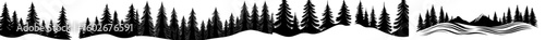 A hand-drawn horizon featuring silhouettes of coniferous trees on hills or mountains, forming a forest panorama of pines or spruces, serves as a natural monochrome decorative element in modern
