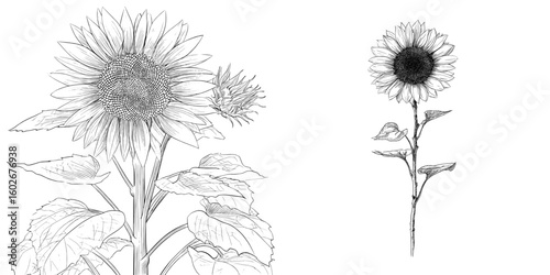 A sunflower illustration, hand-drawn in a modern style, is presented as an isolated floral element on a white background, outlined for use in design