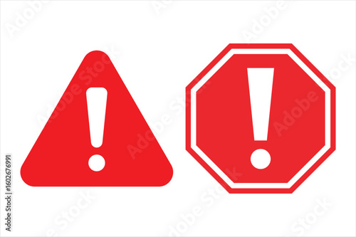 Collection of five distinct exclamation mark hazard warning and attention signs for safety and alert communications