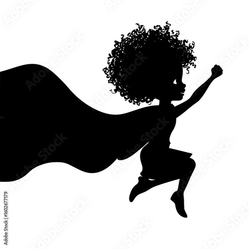 The image features a cartoon silhouette of a powerful and healthy super girl wearing a superhero costume, flying against a white background that provides space for additional text or copy