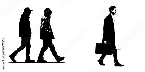 Modern illustration depicting a walking man alongside his silhouette, isolated on a white background