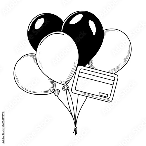 A variety of inflatable balloons are included in the set, featuring both balls on strings and balloons paired with a text card