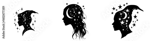 A beautiful curly witch girl is shown in profile, wearing a pointy hat and set against a backdrop of a crescent moon and stars, in a modern hand-drawn silhouette illustration