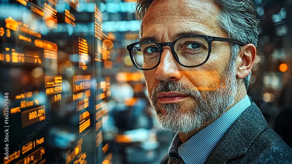 Intelligent businessman analyzing financial data in a futuristic interface
