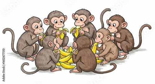 Drawn with thick crayons, A charming hand-drawn illustration of a large group of cute monkeys sitting in a circle, happily sharing and eating a pile of bananas.