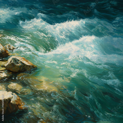 Close-up of a rushing river current with sunlit water highlights, ultra-realistic, dynamic detail and blue-green hues