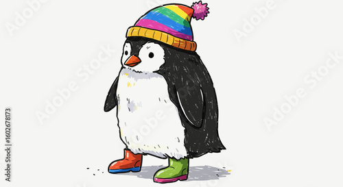 Drawn with thick crayons, Adorable hand-drawn penguin expressing individuality with a rainbow hat and colorful mismatched wellies