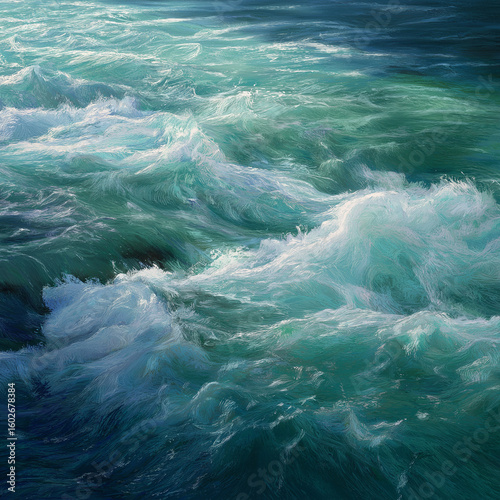 Close-up of a rushing river current with sunlit water highlights, ultra-realistic, dynamic detail and blue-green hues