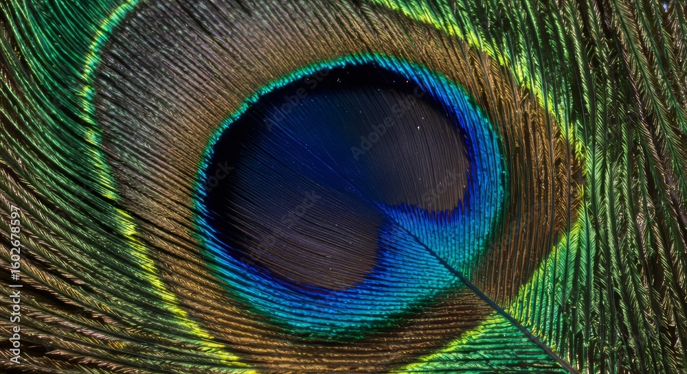 Obraz premium Macro close-up of a vibrant peacock feather eye