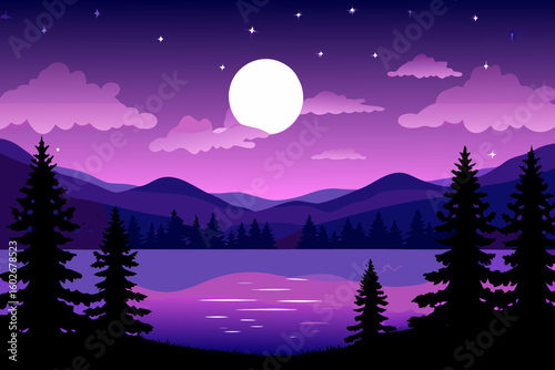 Purple Night Landscape with Lake Mountains Trees Moon Stars and Clouds