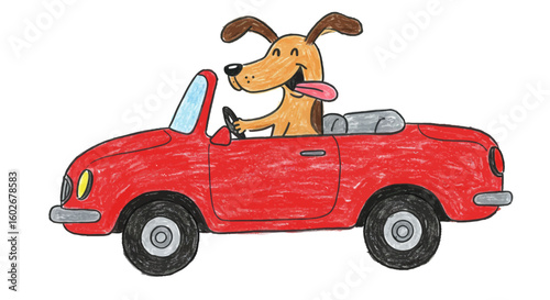 Drawn with thick crayons, Cheerful Dog Driving a Convertible Cartoon for Children's Illustration and Storytelling