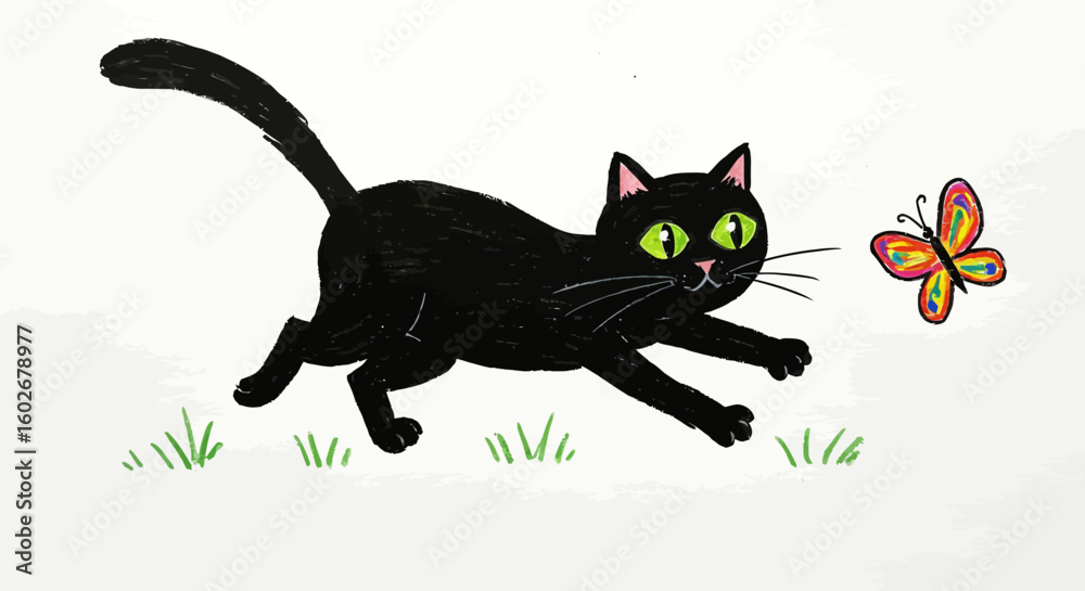 Obraz premium Drawn with thick crayons, Charming hand-drawn illustration of a playful black cat with big green eyes chasing a colorful butterfly.