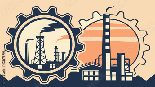 Illustration of two gears framing industrial buildings with smokestacks and factory structures