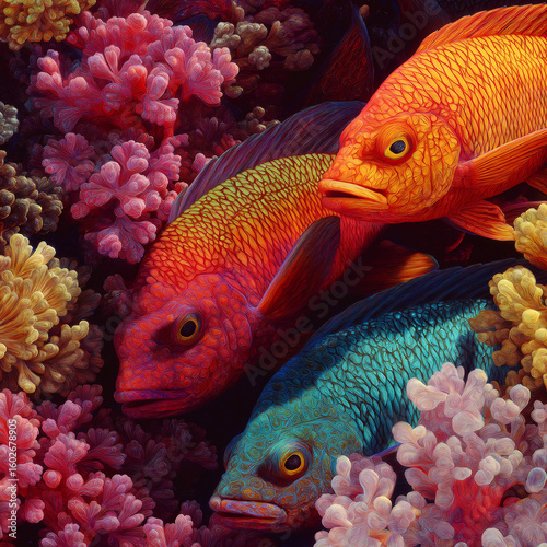 Close-up of colorful coral and reef fish, photorealistic, intense detail and vivid colors