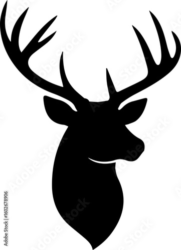 Silhouette of a deer head with large antlers, facing right, against a white background.