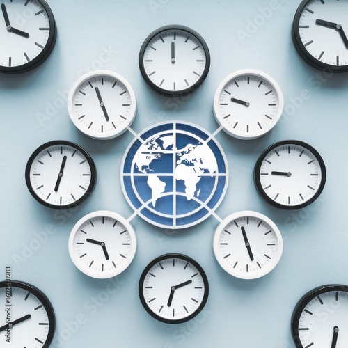 Multiple Clocks Arranged Around a Globe Graphic Representing Global Time Zones world international