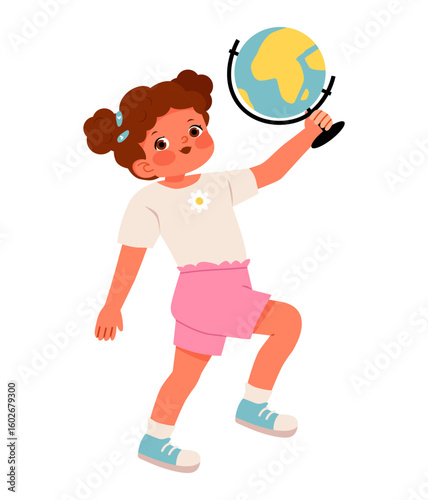Cute schoolgirl with globe. Back to school concept. Flat vector illustration.