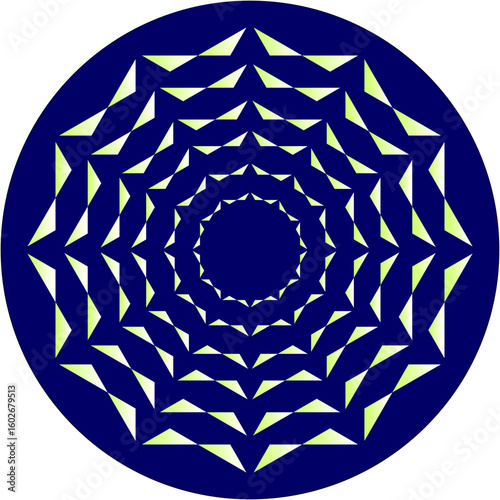 A geometric mandala of pale green shards spins inward through navy rings, creating a mesmerizing sense of depth, order, and energy.