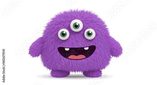 Drawn with thick crayons, Friendly three-eyed purple monster with fluffy fur. A cute and cheerful cartoon alien character smiling, 3D rendered and isolated.