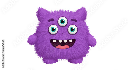 Drawn with thick crayons, An adorable three-eyed fluffy purple monster character. A cute and whimsical alien creature illustration smiling happily, isolated on a white background.