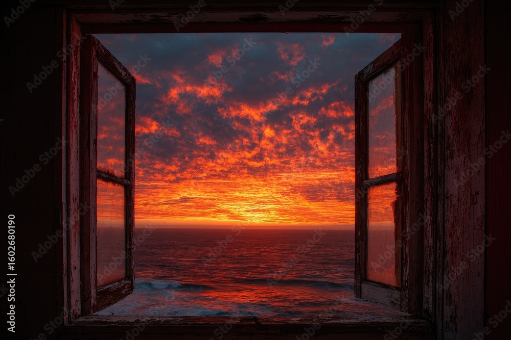 Fototapeta premium Sunset view through weathered window