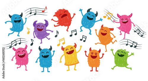 Drawn with thick crayons, Playful collection of cute, colorful monsters dancing to music. Whimsical hand-drawn characters celebrating in a joyful cartoon illustration.
