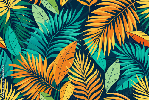 Vibrant tropical leaf pattern with palm leaves and bright color palette