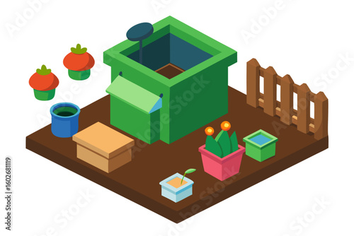 Isometric garden scene with plants fence and gardening shed