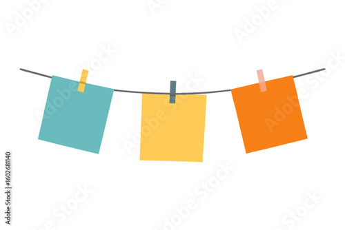 Three colorful sticky notes hanging on a clothesline with clothespins