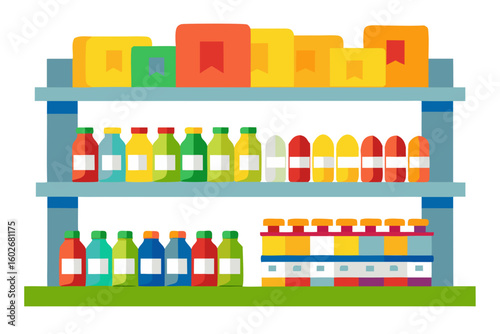 Colorful flat design illustration of a retail store shelf with various products