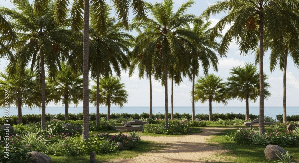 Fototapeta premium Tropical Beach Path with Lush Palm Trees and Ocean View