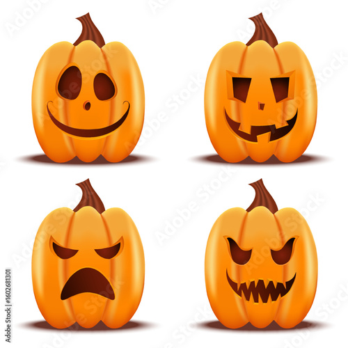 Halloween realistic pumpkins set with scary faces. Spooky vector illustration for Halloween decoration, holiday design.