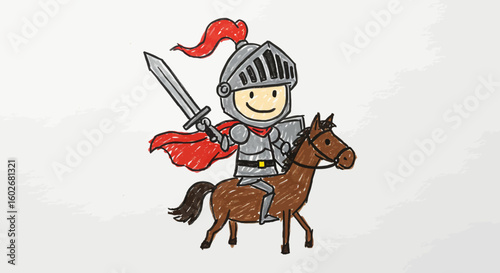 Drawn with thick crayons, Charming cartoon knight in shining armor riding a horse, a hand-drawn illustration of medieval adventure and chivalry