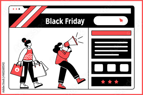 Black friday advertisement featuring shoppers with bags and a woman with a megaphone on a website page