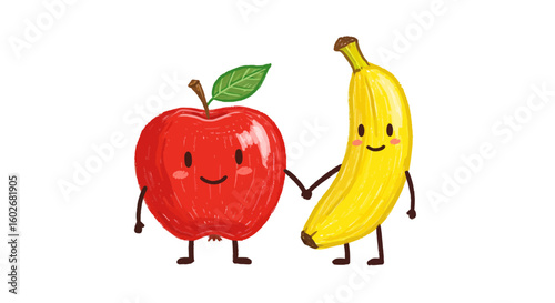 Happy Apple and Banana Cartoon Friends Holding Hands on White Background, Drawn with thick crayons