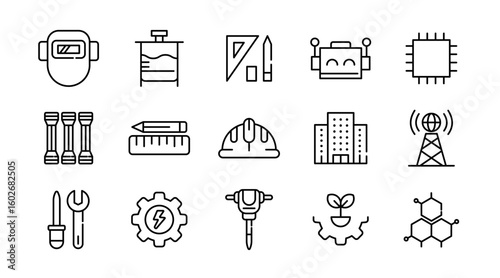 Engineering linear icon set. Tools, gear, construction, work, blueprint, helmet, wrench, factory, robotics, mechanical, industrial, innovation, architecture, vector icon set. UI thin line icon pack