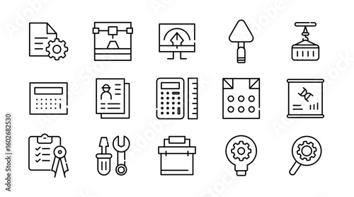 Engineering linear icon set. Tools, gear, construction, work, blueprint, helmet, wrench, factory, robotics, mechanical, industrial, innovation, architecture, vector icon set. UI thin line icon pack
