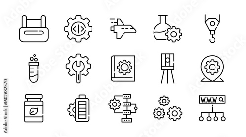 Engineering linear icon set. Tools, gear, construction, work, blueprint, helmet, wrench, factory, robotics, mechanical, industrial, innovation, architecture, vector icon set. UI thin line icon pack