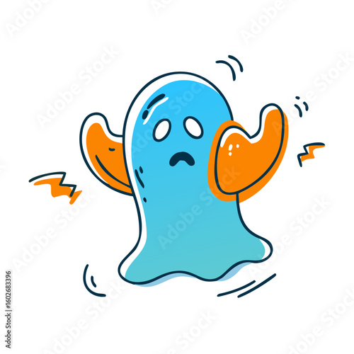 Icon of a ghostly apparition with expressive arms and a sad face in blue and orange colors
