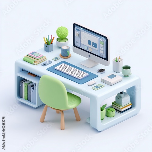 3D Office Desk Setup with Computer and Supplies