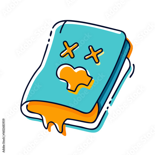 Icon of cursed book with a playful design, spooky features, colorful style 
