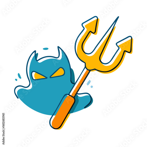 Icon of devil's pitchfork held by a mischievous ghost, colorful design, playful style