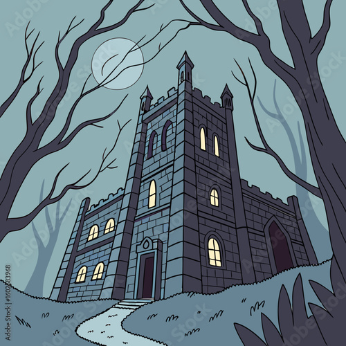 Dark castle surrounded by eerie trees, spooky atmosphere, Halloween theme 