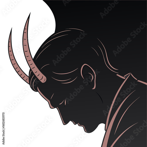 Devil character with horns in a silhouette profile, dark theme, dramatic design 