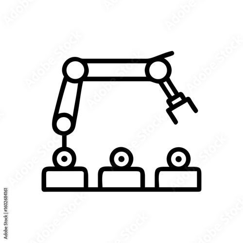 Robotic assembly line icon, minimalistic style, black and white, represents automation and manufacturing processes