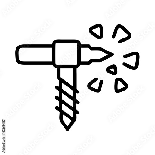 Drill with metal shavings icon, minimalistic style, black and white, represents machining and fabrication