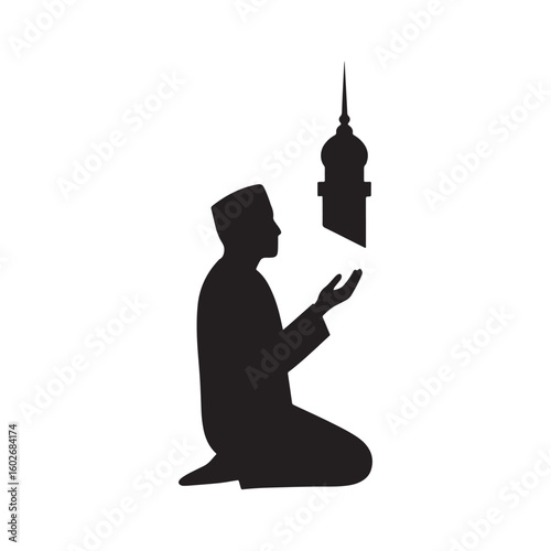 Muslim man in traditional clothing performing supplication on prayer rug with mosque silhouette
