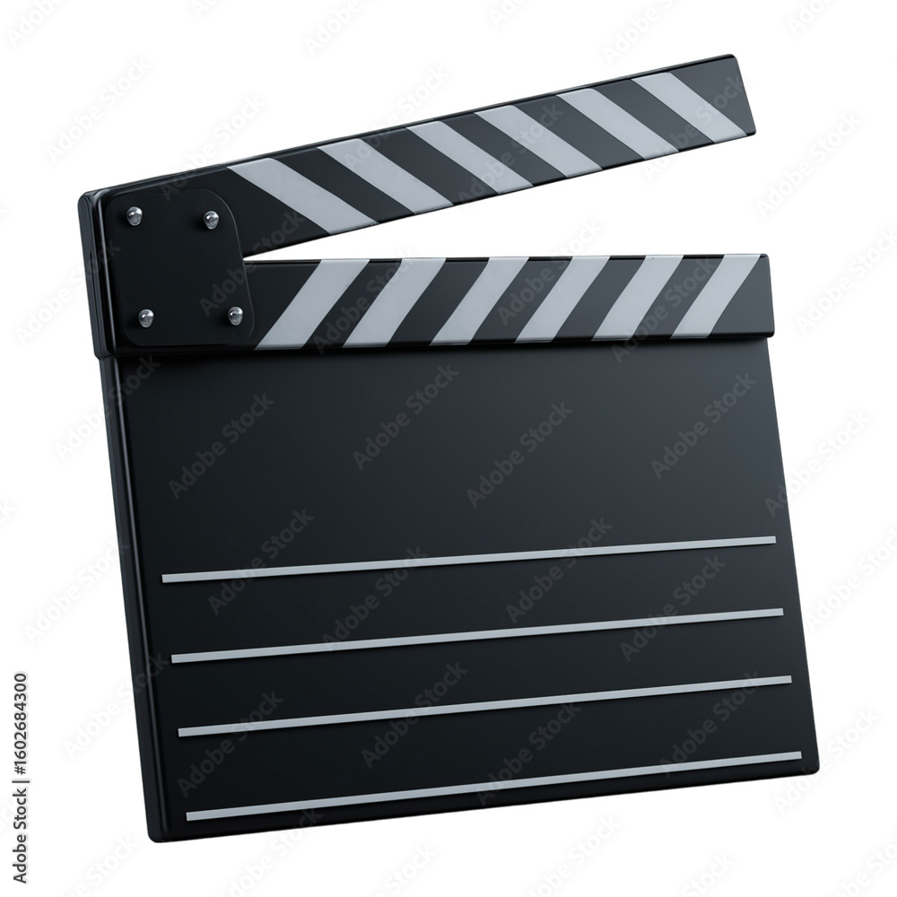 Fototapeta premium Professional black film clapperboard with iconic white stripes ready for action on set isolated on png background