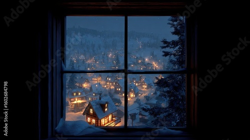 Snowy village seen through a window at night