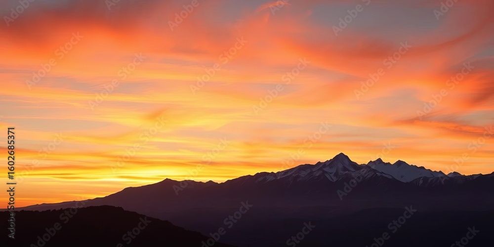 Fototapeta premium Serene sunset over majestic mountain range, ideal for wall art or fabric, background, landscape